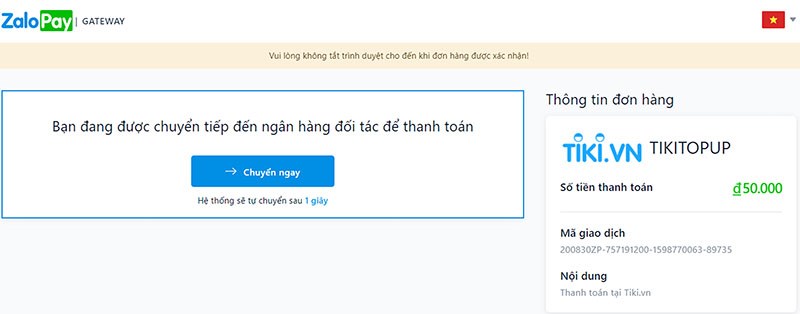 trang web sẽ chuyển hướng về trang đăng nhập Internet Banking của bạn