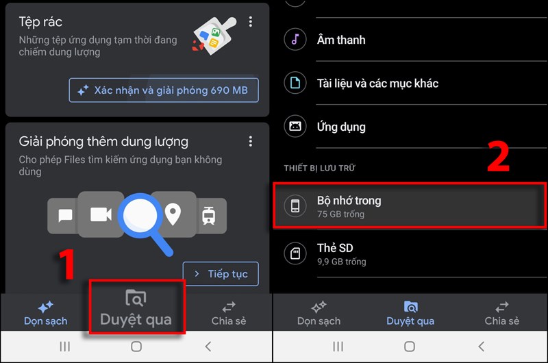 Chọn Duyệt qua (1) > chọn Bộ nhớ trong (2)
