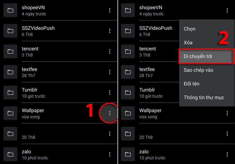 Chọn T&ugrave;y chọn tệp&nbsp;(biểu tượng 3 chấm dọc) (1) > Chọn Di chuyển tới (2)