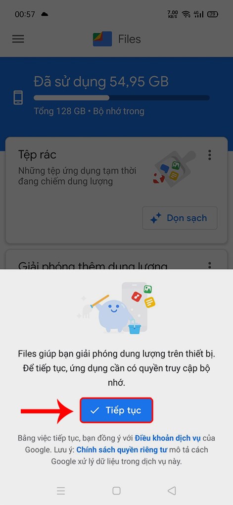 Chọn Tiếp tục để cấp quyền truy cập bộ nhớ cho ứng dụng.