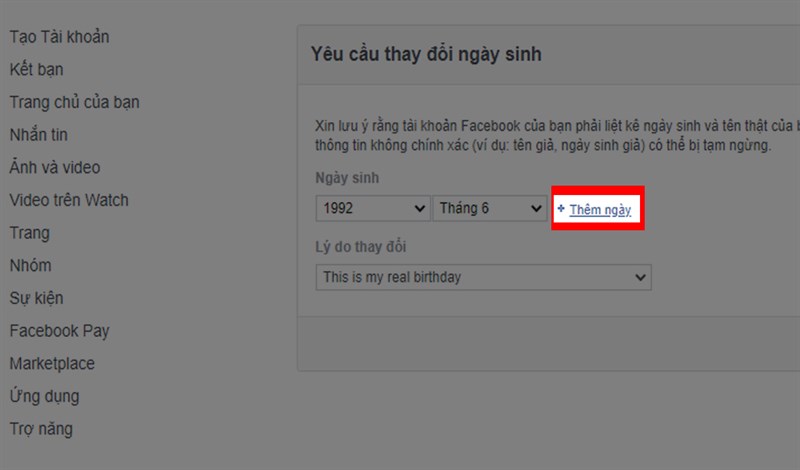 ngày sinh nhật trên Facebook