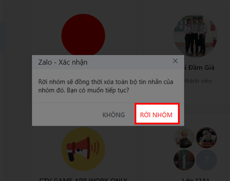 Xác nhận rời nhóm Zalo trên máy tính