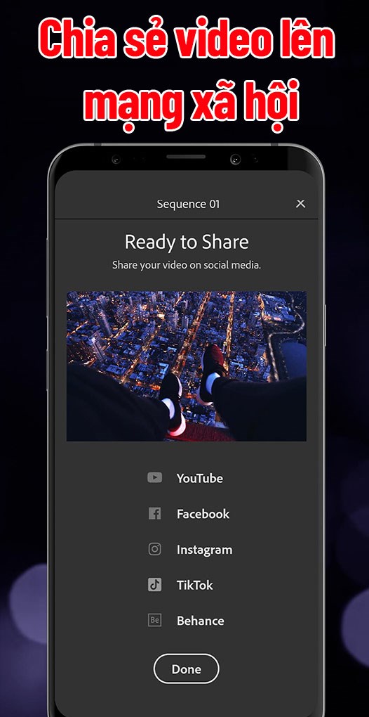 Chia sẻ các video trên Adobe Premiere Rush lên các trang mạng xã hội