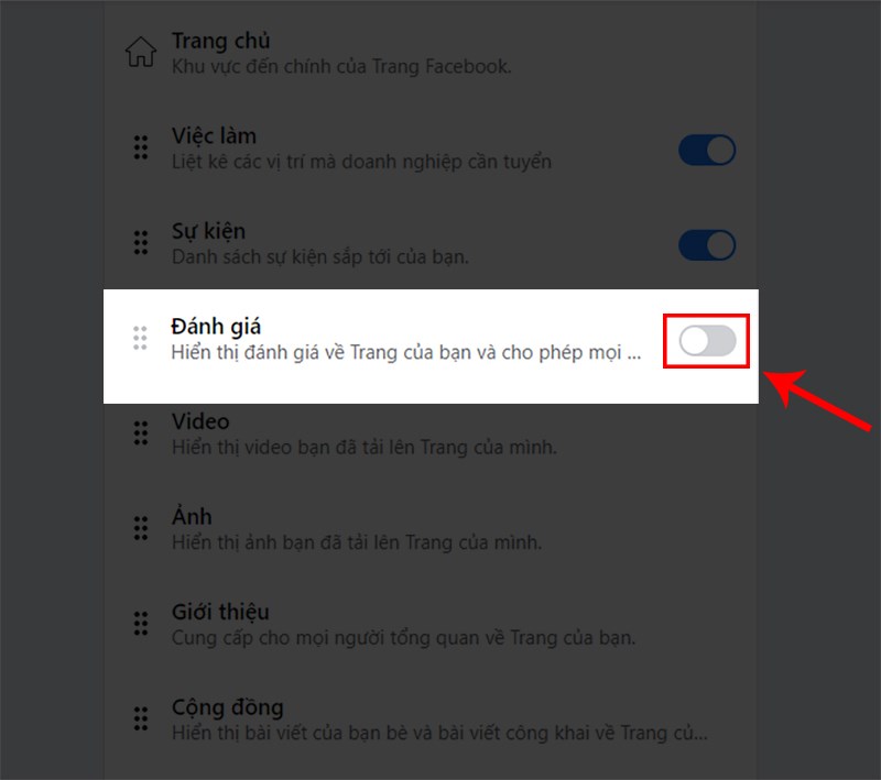 Để tắt đánh giá sao cho trang Fanpage Facebook, kéo nút từ phải sang trái.