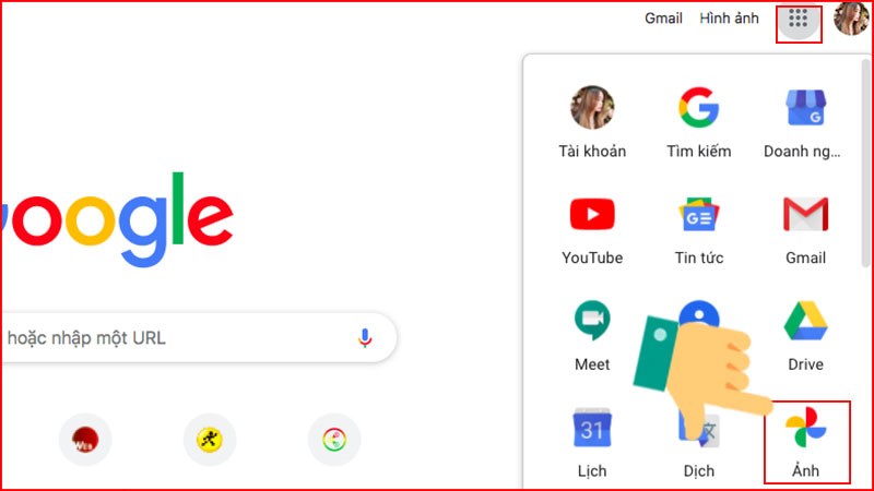 Mở tr&igrave;nh duyệt Chrome chọn biểu tượng &ocirc; vu&ocirc;ng > Chọn ản