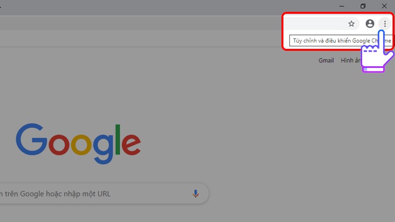 Mở trình duyệt Google Chrome, sau đó chọn vào Tùy chỉnh và điều khiển (biểu tượng 3 chấm dọc) ở góc trên màn hình phải.