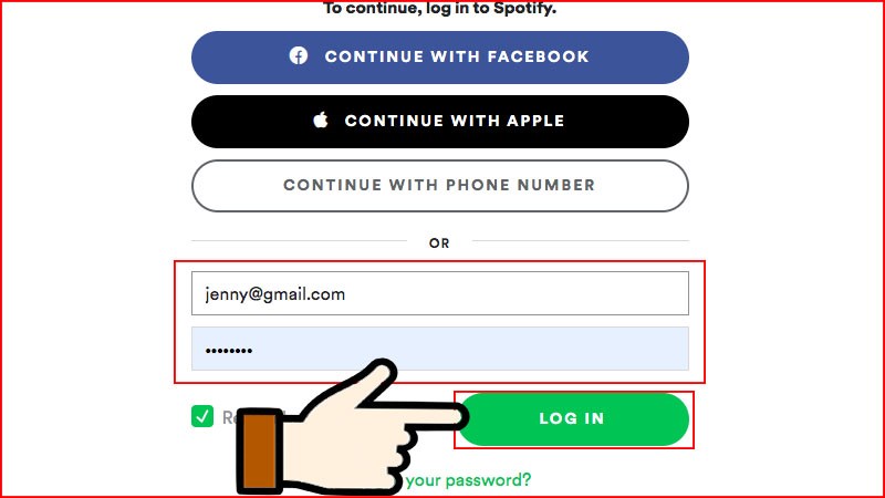 Truy cập Spotify web > Điền thông tin và đăng nhập tài khoản Spotify.