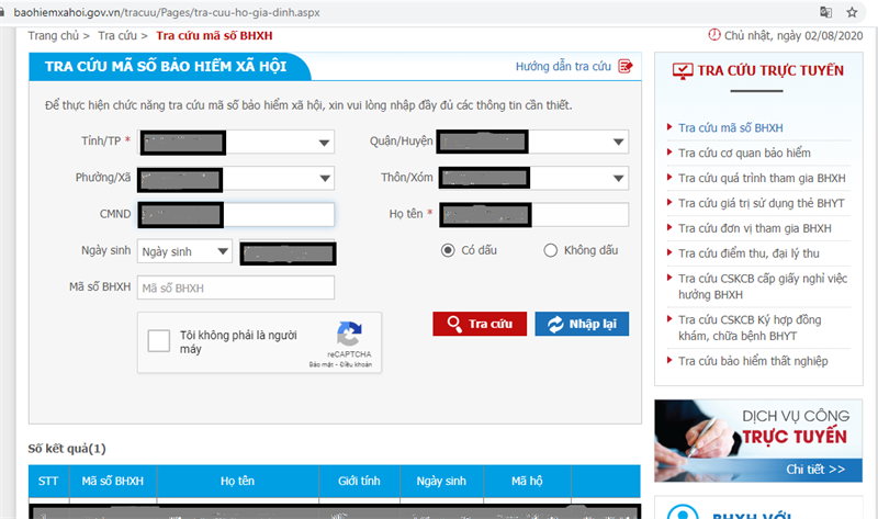 kết quả tra cứu BHXH