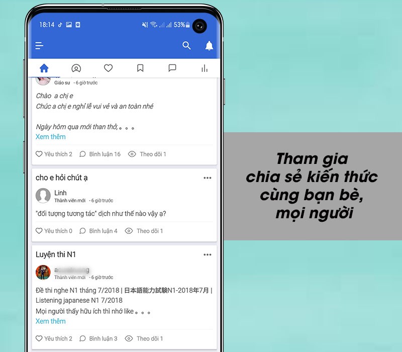 Tham chia, chia sẻ kiến thức c&ugrave;ng bạn b&egrave;, cộng đồng học tiếng Nhật