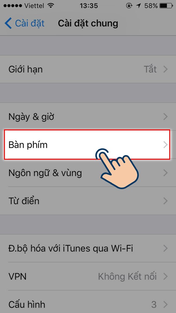 chọn vào Bàn phím.