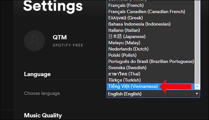 Trong giao diện c&agrave;i đặt phần&nbsp;Language&nbsp;chọn ng&ocirc;n ngữ l&agrave;&nbsp;tiếng Việt, rồi khởi động lại phần mềm Spotify để thay đổi được &aacute;p dụng.