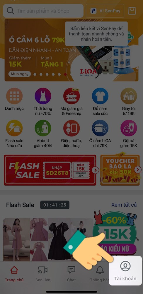 Chọn mục T&agrave;i khoản tr&ecirc;n Sendo