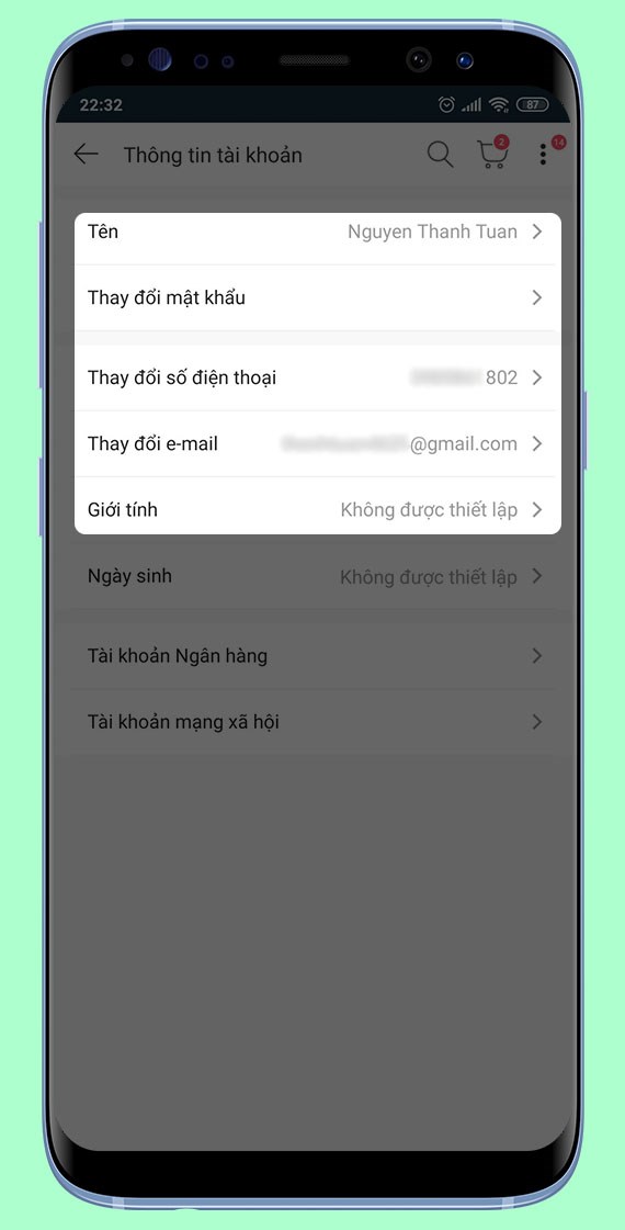Chỉnh sửa các thông tin cá nhân.