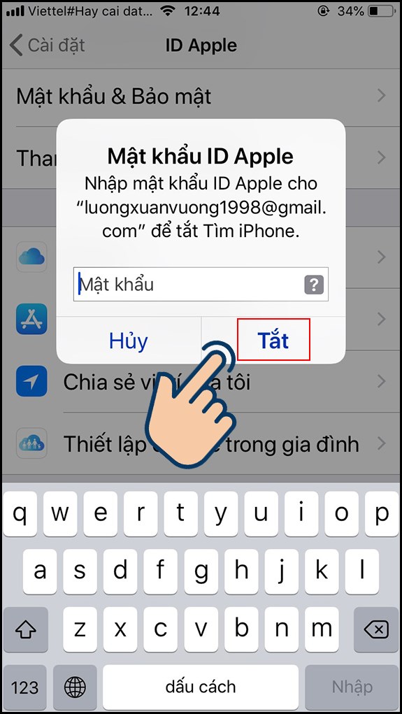 Nhập mật khẩu Apple ID của bạn và chọn Tắt.