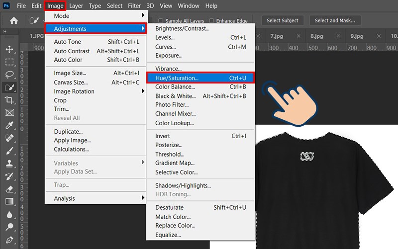 vào Image, tiếp theo chọn Adjustments. Cuối cùng chọn đến công cụ Hue/Saturetion.