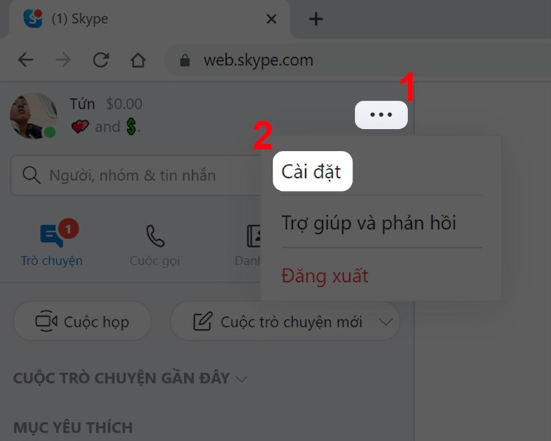 Nhấn vào cài đặt trên ứng dụng Skype