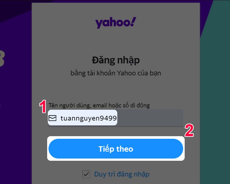 Bạn hãy nhập tên đăng nhập tài khoản Yahoo mail