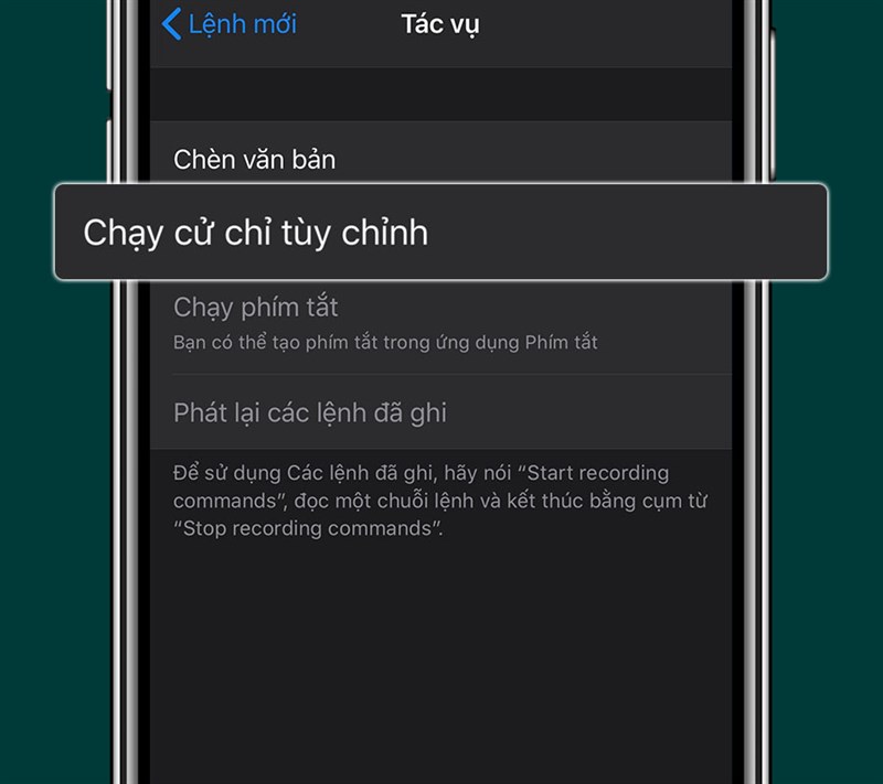 Trong giao diện tác vụ chọn chạy cử chỉ tùy chỉnh.