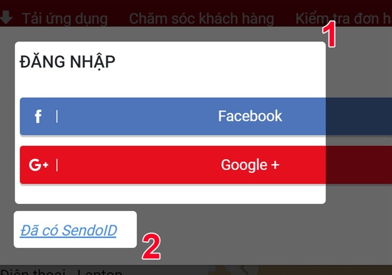 Đăng nhập Sendo bằng t&agrave;i khoản Facebook hoặc t&agrave;i Google+, SendoID