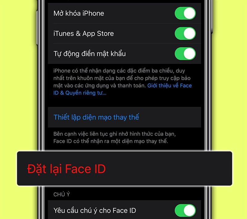 V&agrave;o mục Đặt lại Face ID.