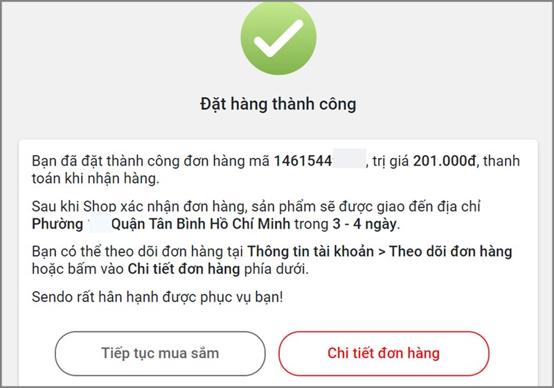 Đặt hàng trên Sendo thành công