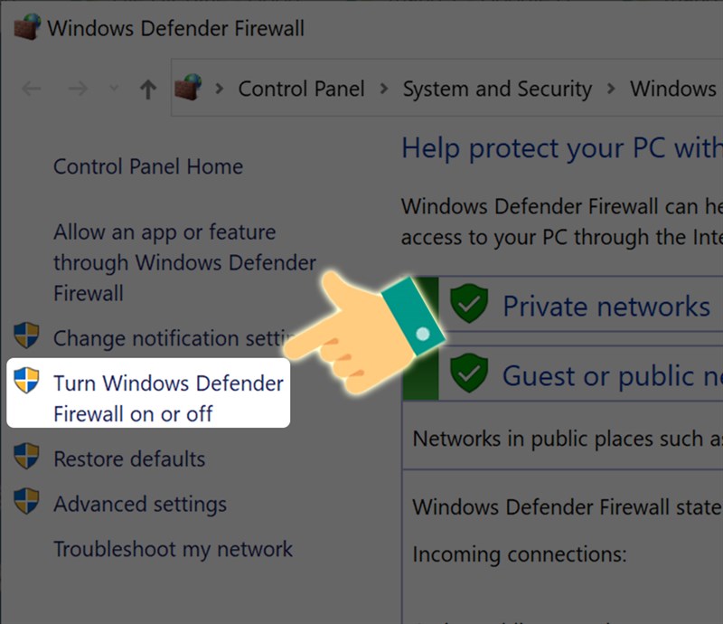  Mở Windows Defender Firewall on or off