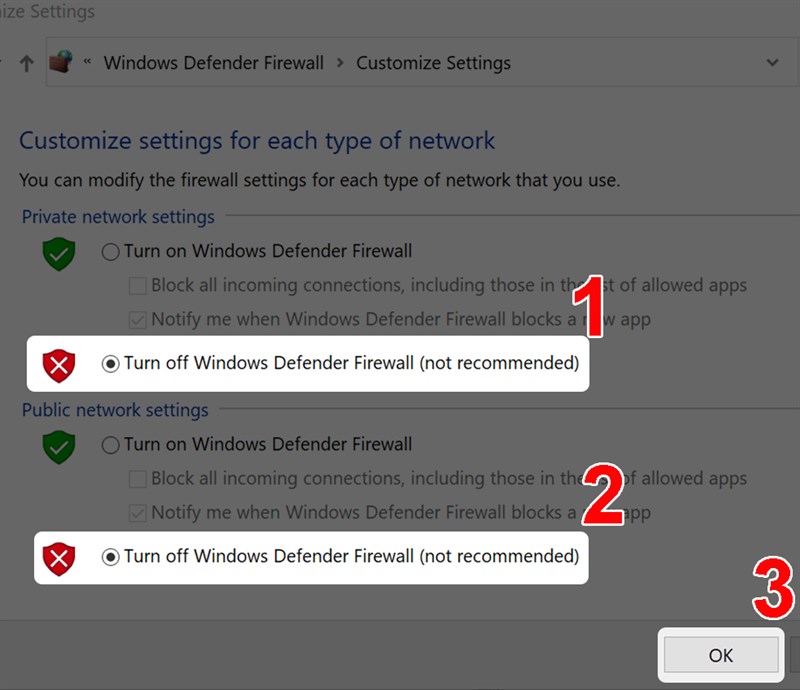 Turn off Windows Defender Firewall ( not recommended) 