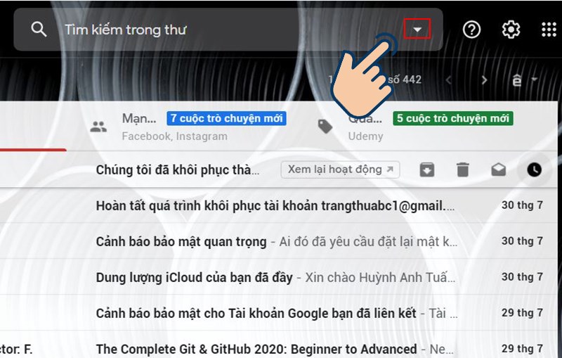 tại thanh công cụ tìm kiếm chọn dấu mũi tên.