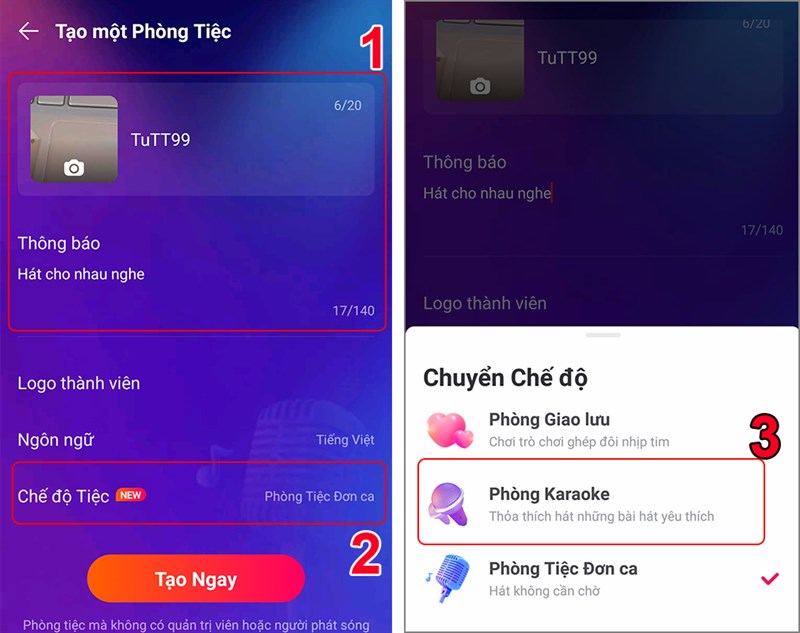Đặt tên, giới thiệu và chế độ phòng tiệc