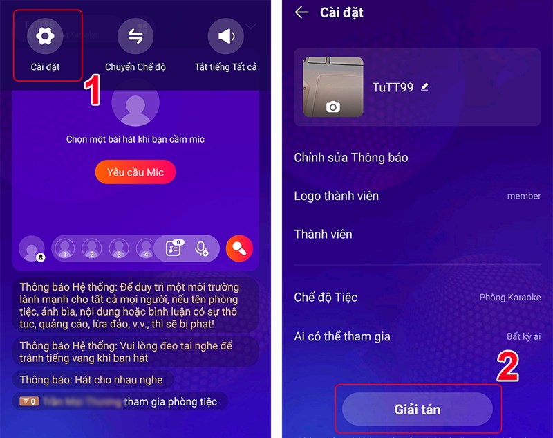 Chỉnh sửa thông tin phòng tiệc hoặc giải tán