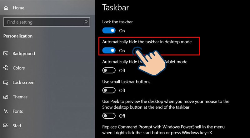 Ở mục Automatically hide the taskbar in desktop mode bạn hãy kéo sang On để tự động ẩn thanh Taskbar.