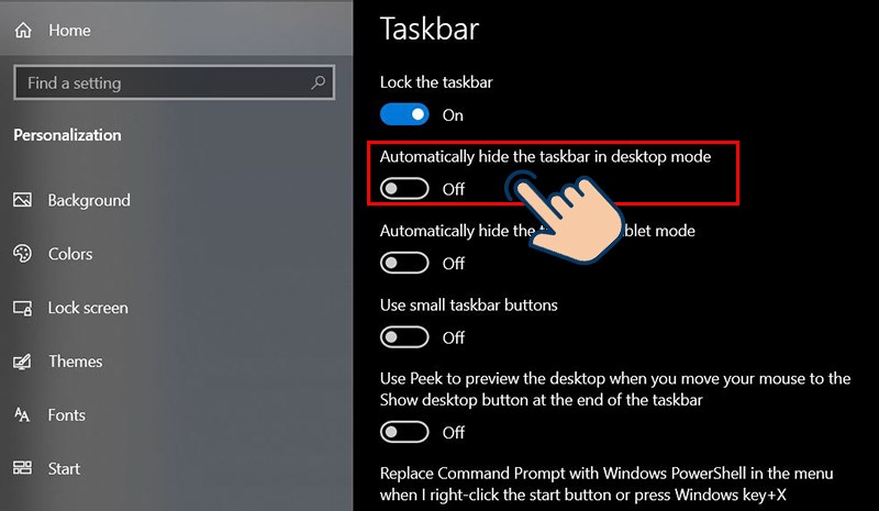 Để bật lại thanh taskbar bạn chỉ cần kéo lại sang Off.