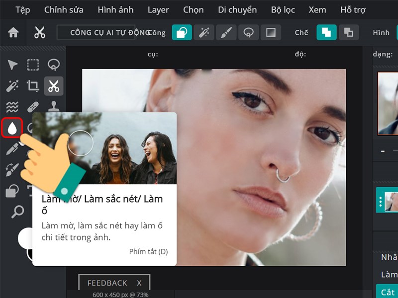Chọn công cụ Làm mờ/Làm sắc nét/ Làm ố