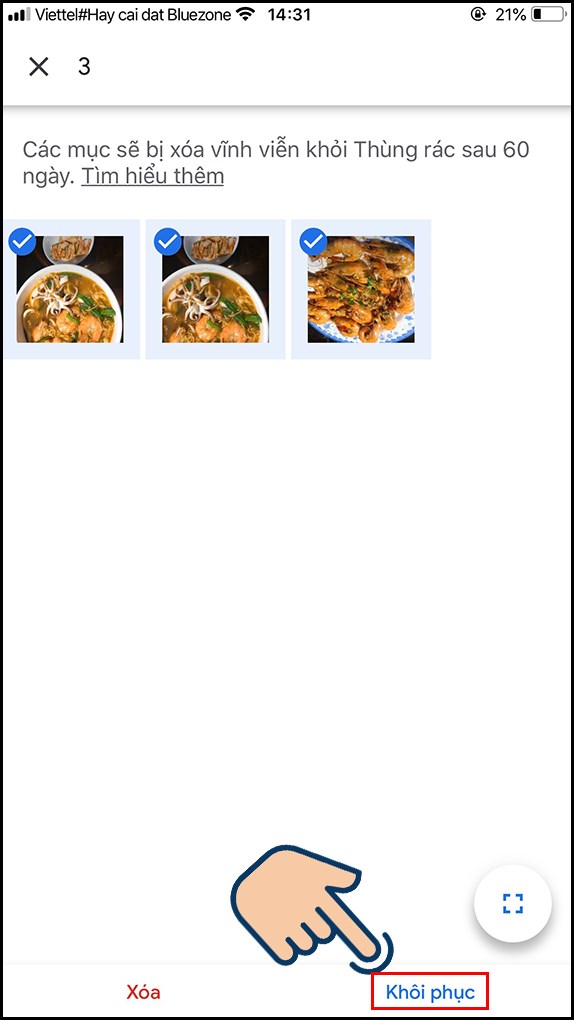 nhấn v&agrave;o Kh&ocirc;i phục.
