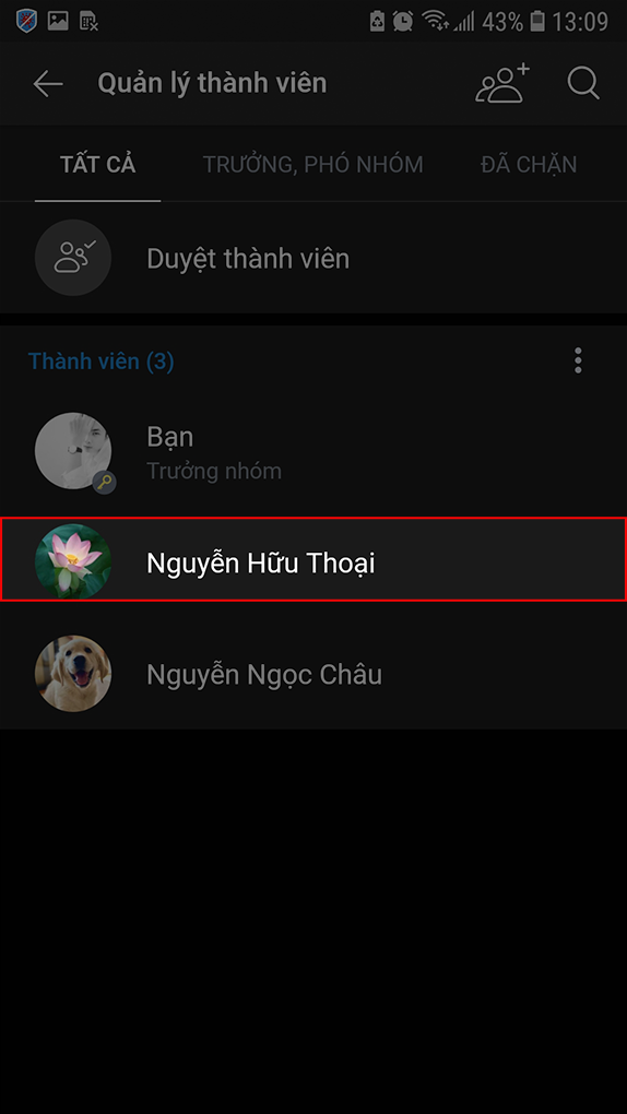 Nhấn chọn thành viên mời ra khỏi nhóm