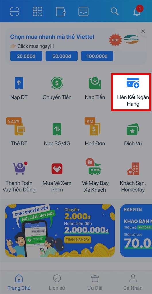 Chọn mục Li&ecirc;n kết ng&acirc;n h&agrave;ng