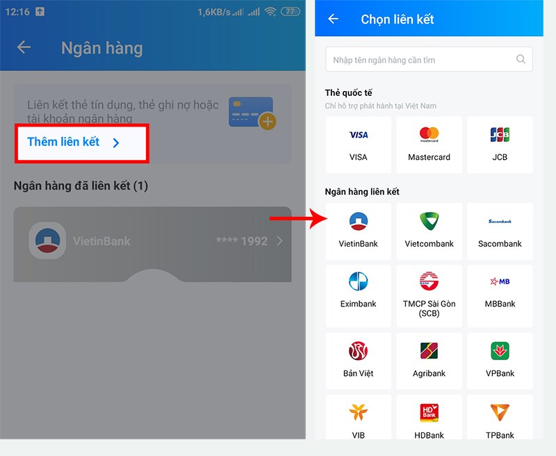 Chọn ng&acirc;n h&agrave;ng muốn th&ecirc;m li&ecirc;n kết