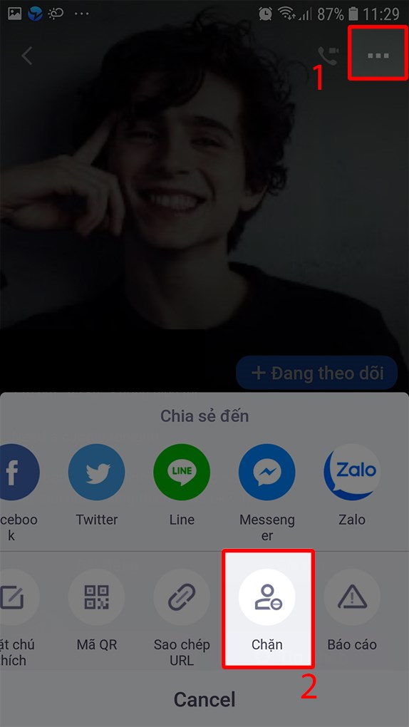 Nhấn vào biểu tượng ba chấm nằm ngang&nbsp;phía trên góc phải màn hình và chọn tính năng chặn