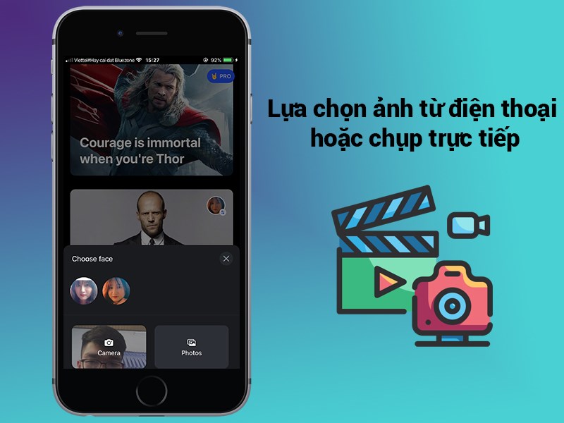 Lựa chọn ảnh từ điện thoại hoặc chụp trực tiếp để chế ảnh