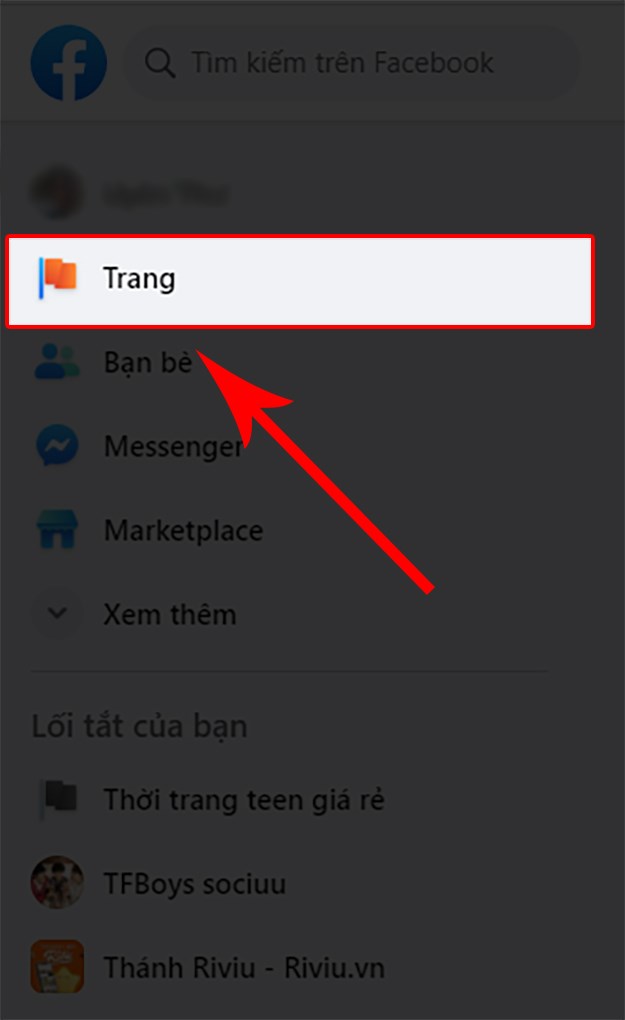 Truy cập vào Facebook > Chọn mục Trang bên trái màn hình.