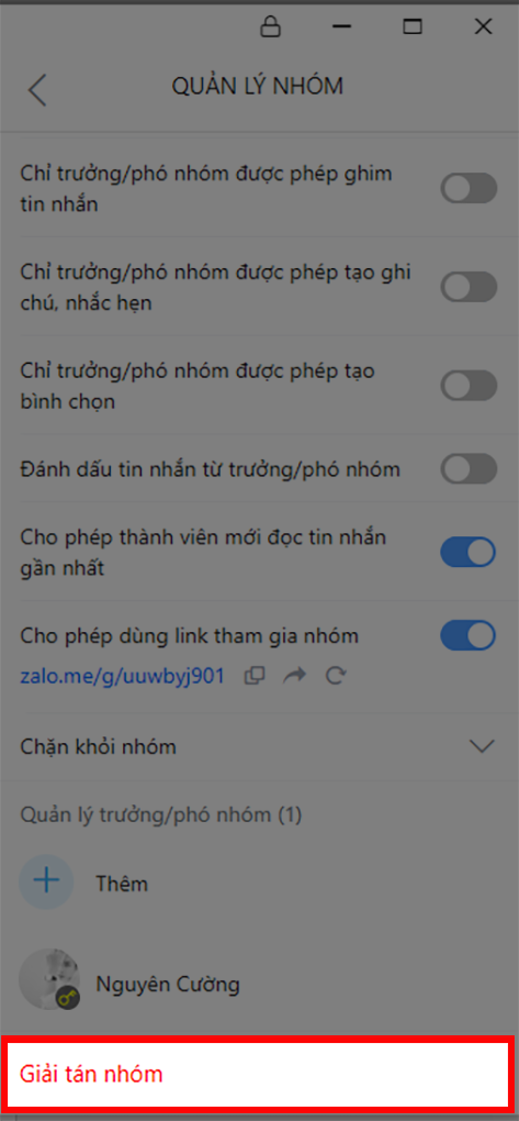 Giải tán nhóm Zalo trên máy tính