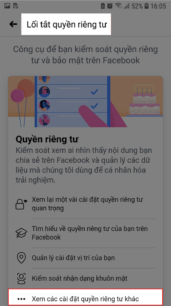 Giao diện lối tắt quyền riêng tư Facebook trên điện thoại