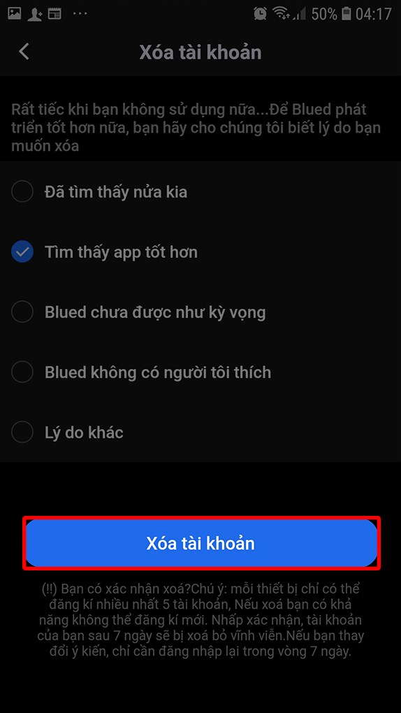 Chọn Xóa tài khoản và hoàn tất.