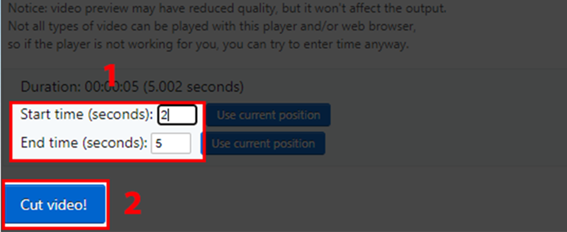 Nhập thời gian bắt đầu và kết thúc của đoạn video muốn cắt 