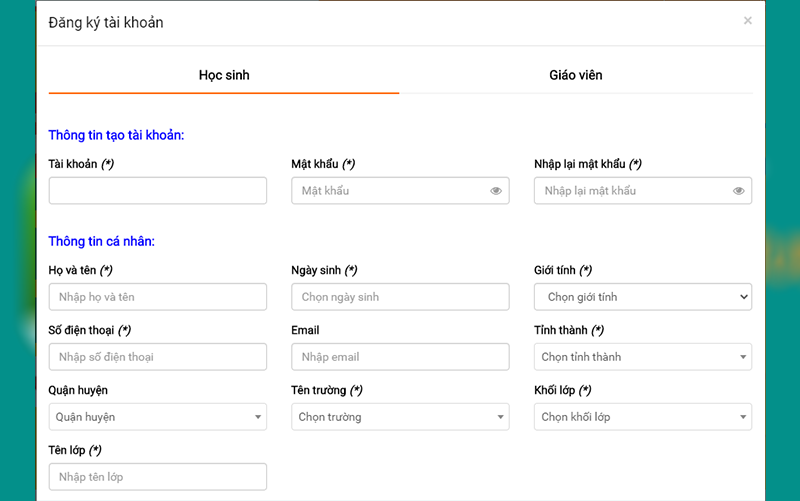 Điền thông tin người dùng gồm Thông tin tạo tài khoản (tên tài khoản, mật khẩu), Thông tin người dùng (họ tên, ngày tháng năm sinh, số điện thoại, email,...)