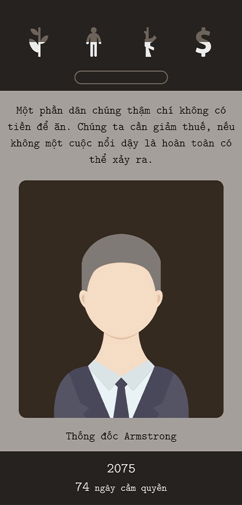 Người chơi sẽ trở th&agrave;nh một tổng thống v&agrave; cần đưa ra những quyết định 