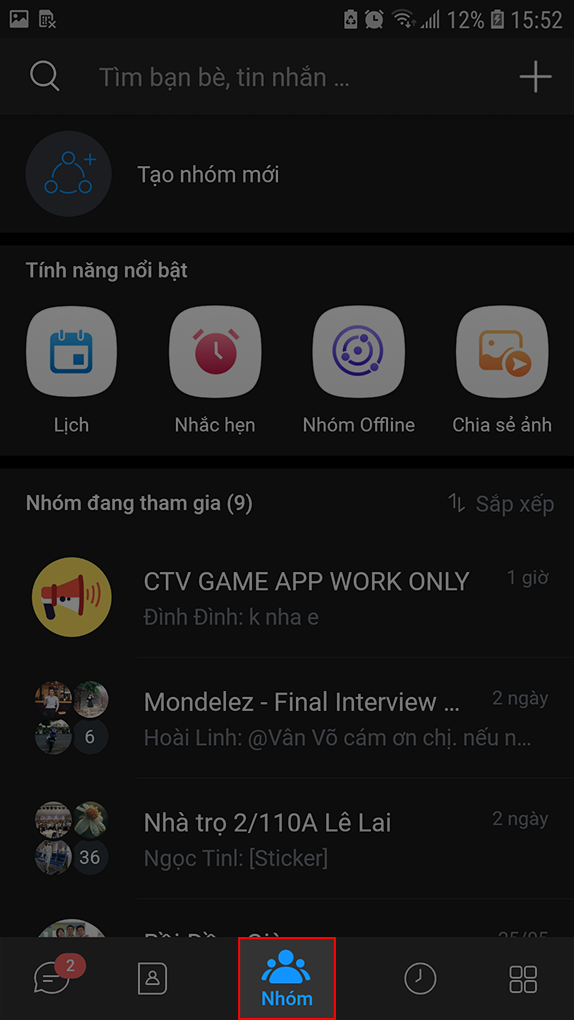 Giao diện nhóm zalo trên điện thoại