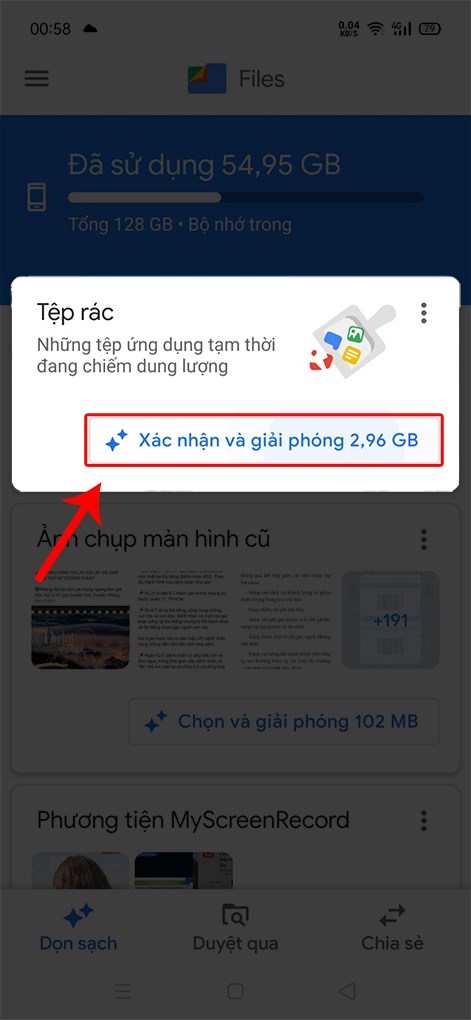 Chọn phần muốn giải ph&oacute;ng dung lượng > Chọn X&aacute;c nhận v&agrave; giải ph&oacute;ng dung lượng.