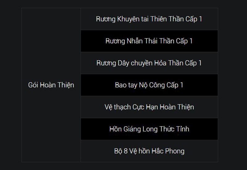 Vật phẩm trong gói Hoàn Thiện