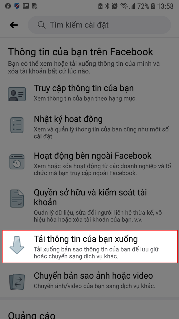 Tải thông tin Facebook trên điện thoại